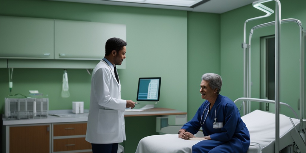 Doctor examining patient with Eaton-Lambert Syndrome in a modern hospital room with medical equipment.