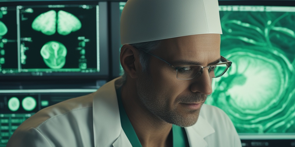 Doctor examining patient's brain scan with concerned expression and green background