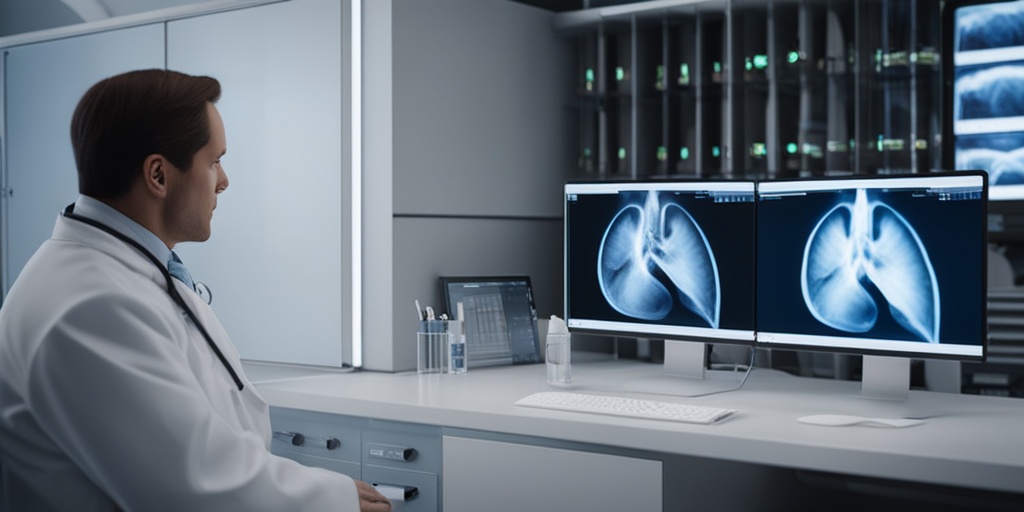 Doctor examining patient's chest X-ray or CT scan in a medical office with subtle blue background.