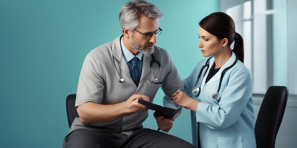 Doctor examining patient's neck with stethoscope, concerned expression against subtle blue background.