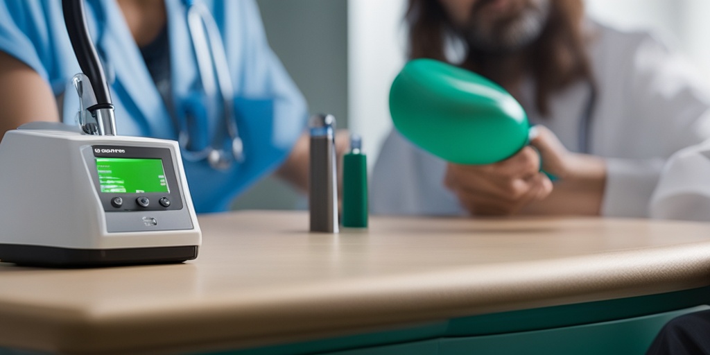 Doctor examining patient's throat with laryngoscope in a clinical setting, subtle blue and green color scheme.