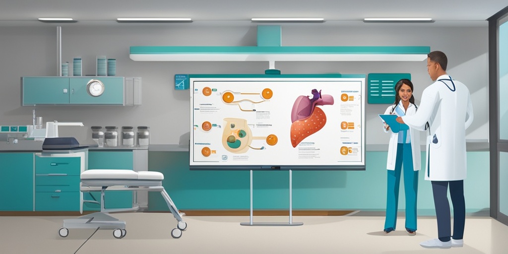 Doctor explaining gallstone treatment options to a patient, with medical equipment in the background, against a calming white background.