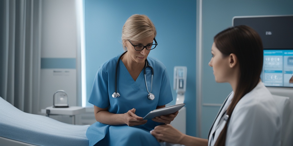 Doctor explains Interstitial Lung Disease to patient with 3D lung model in a modern hospital room.