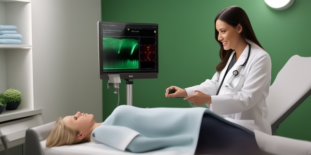 Doctor explains benefits of early fetal ultrasound to expectant mother, serene atmosphere with model of fetus and medical charts.