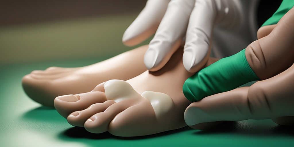 Doctor gently examines patient's foot with hammertoe, focusing on the affected toe in a professional green setting.