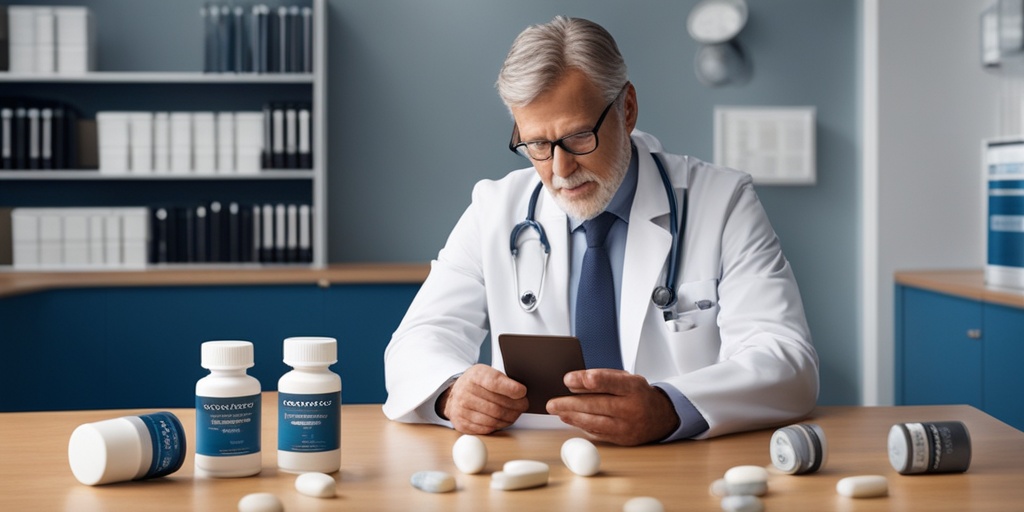 Doctor holding an X-ray of a knee joint with osteoarthritis in a doctor's office with Glucosamine and Chondroitin supplements on the desk.