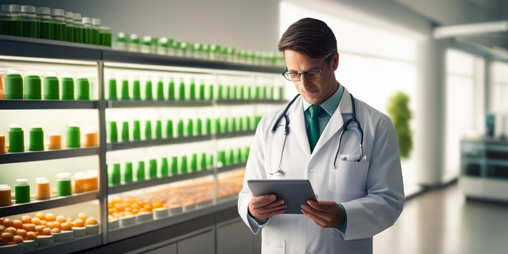 Doctor holding nitroglycerin tablet with calm expression on creamy white background.