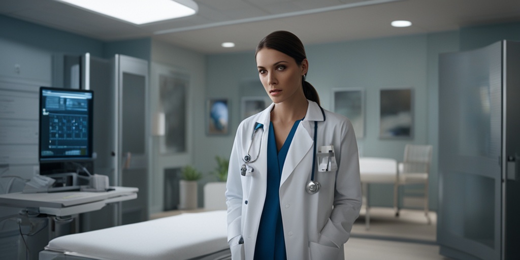 Doctor in white coat standing in modern medical facility, holding clipboard, with patient undergoing EEG test in background.