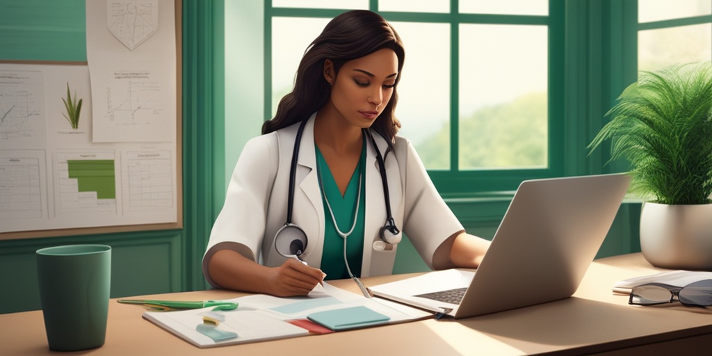 Doctor or therapist sitting across from a patient, surrounded by medical charts and diagnostic tools, conveying diagnosis process.