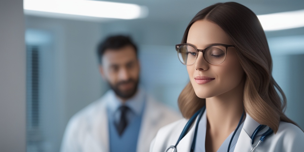 Doctor reviewing a patient's medical chart in a clinical white and blue environment