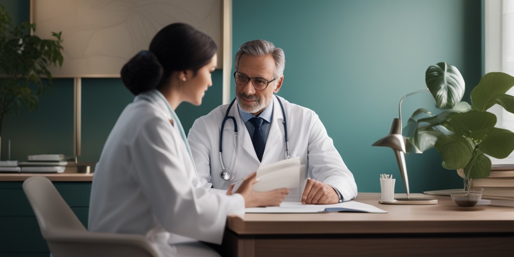 Doctor sitting at desk with patient's file, surrounded by subtle green and creamy whites, conveying care.