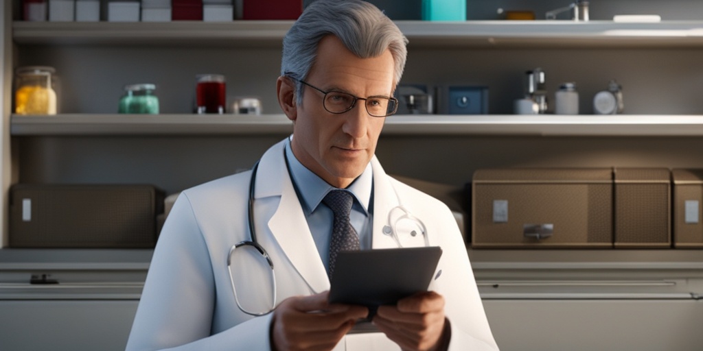 Doctor taking patient's blood pressure, surrounded by medical equipment, in a neutral background with subtle blue hints.