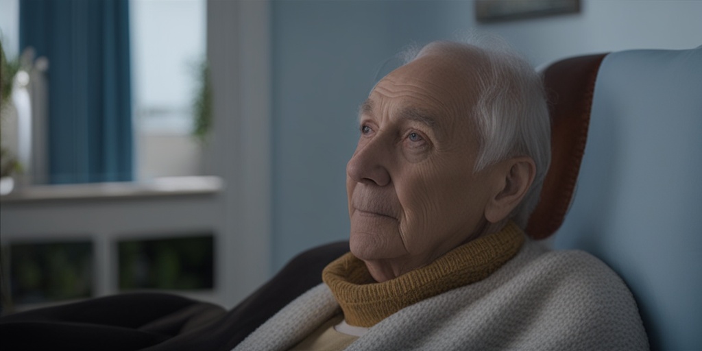 Elderly person sitting on a couch with a thermometer, glass of water, and blanket, conveying Cranial Arteritis symptoms.