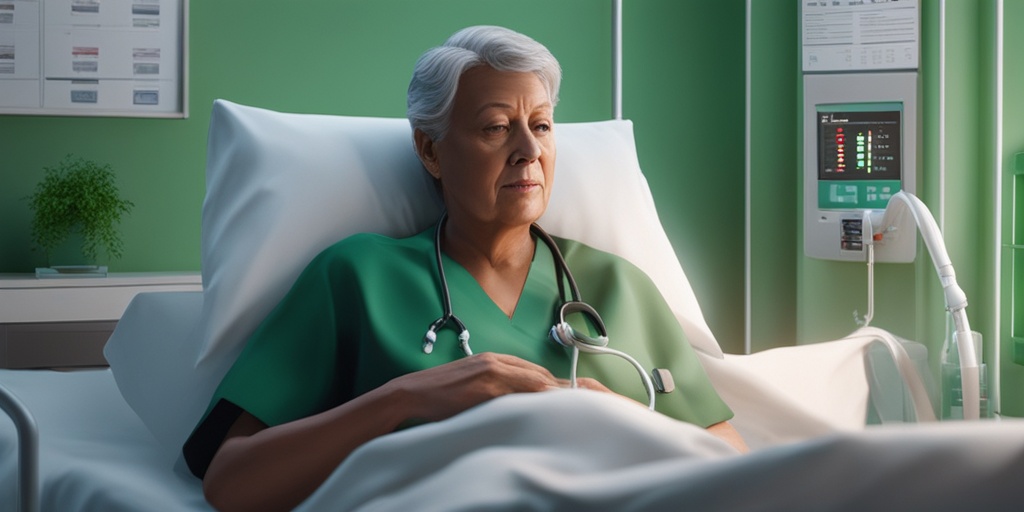 Elderly person sitting on hospital bed, coughing, with medical equipment and subtle green background.