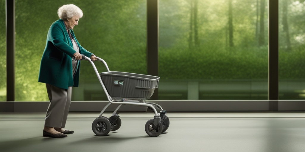 Elderly person standing unsteadily with walker, conveying vulnerability and fragility in a subtle green background.