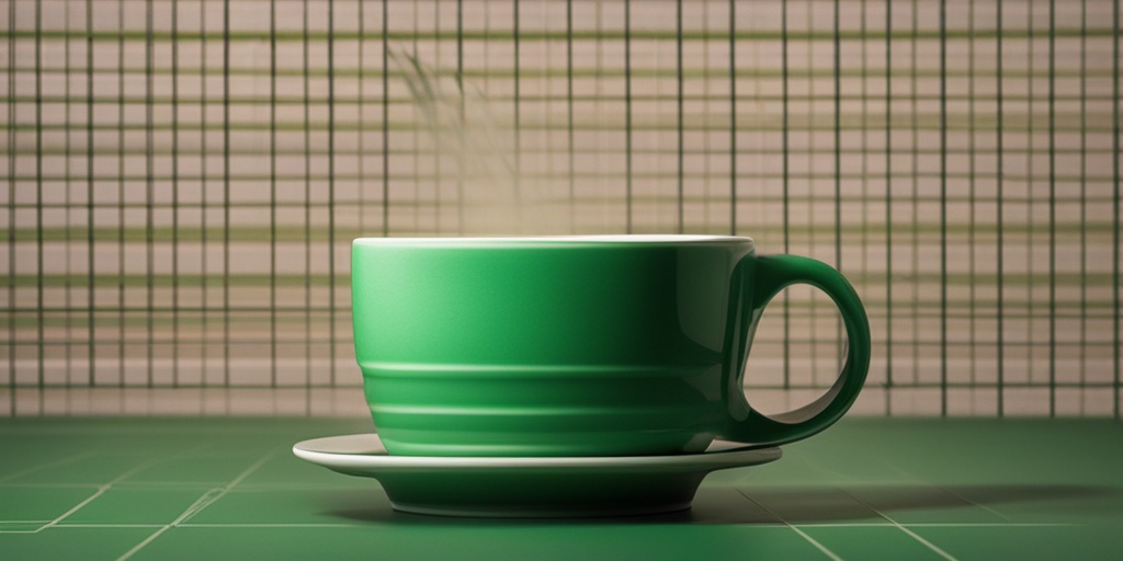 Elderly person struggling to hold cup due to tremors, with subtle green background and grid pattern.