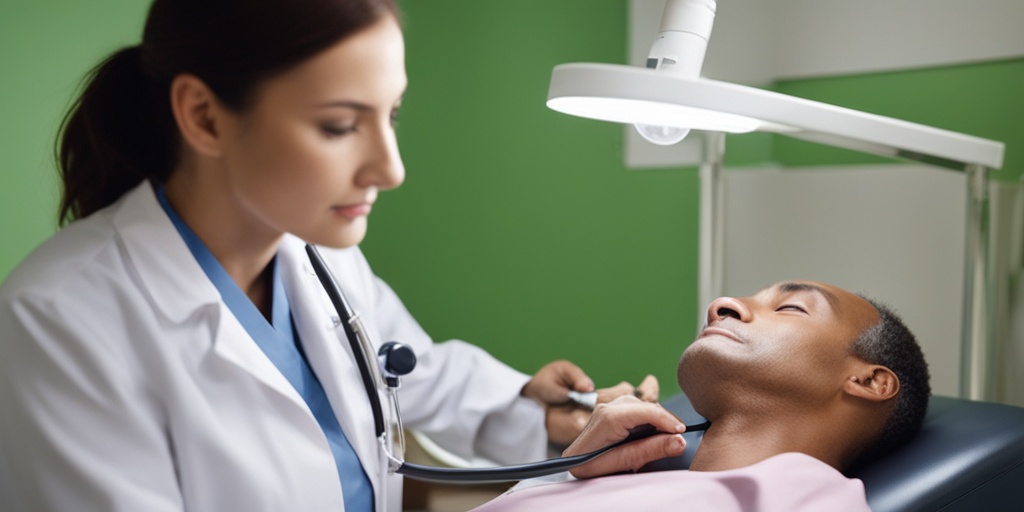 Healthcare professional diagnosing dehydration in patient on examination table with medical equipment.