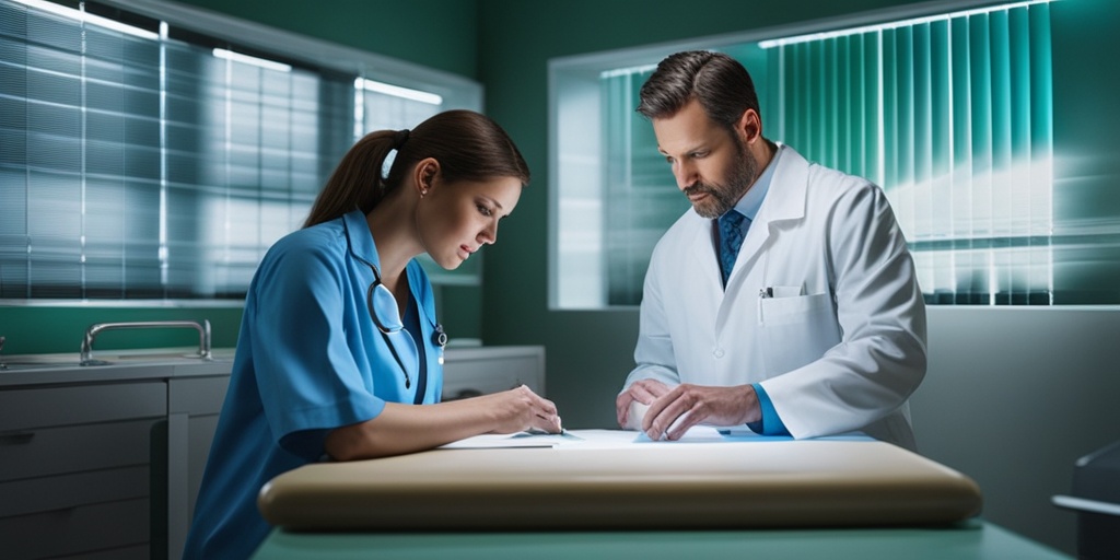 Healthcare professional diagnosing drug allergy, examining patient's skin and reviewing medical charts.