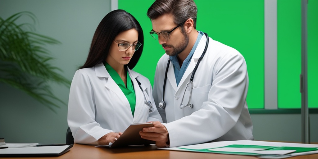 Healthcare professional examining patient's blood test results with concern and reassurance.