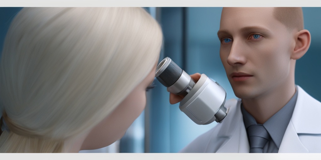 Healthcare professional examining patient's eyes with ophthalmoscope on subtle blue background.