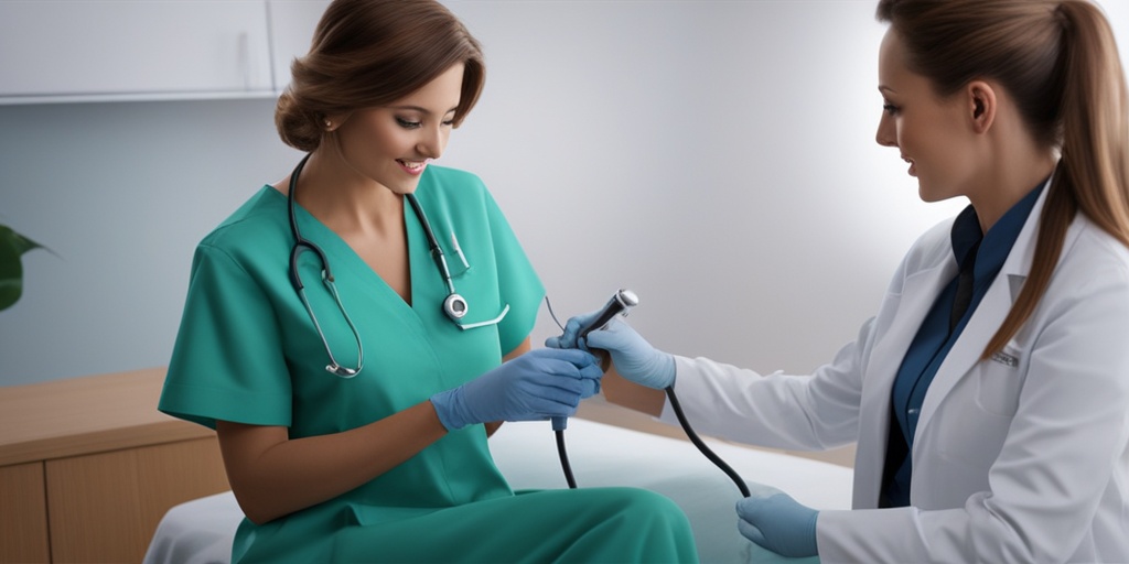 Healthcare professional examining patient's foot with dermatoscope in a medical office with clean white background.