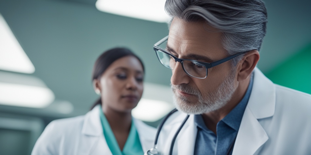 Healthcare professional examining patient's lungs with blue tone and green background in medical setting.