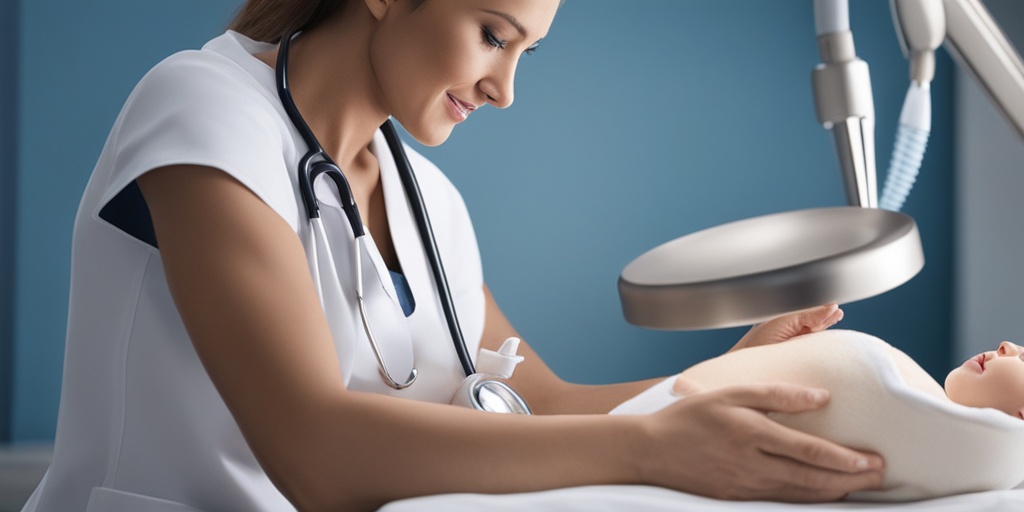 Healthcare professional gently examining a breastfeeding mother's breast in a calm environment