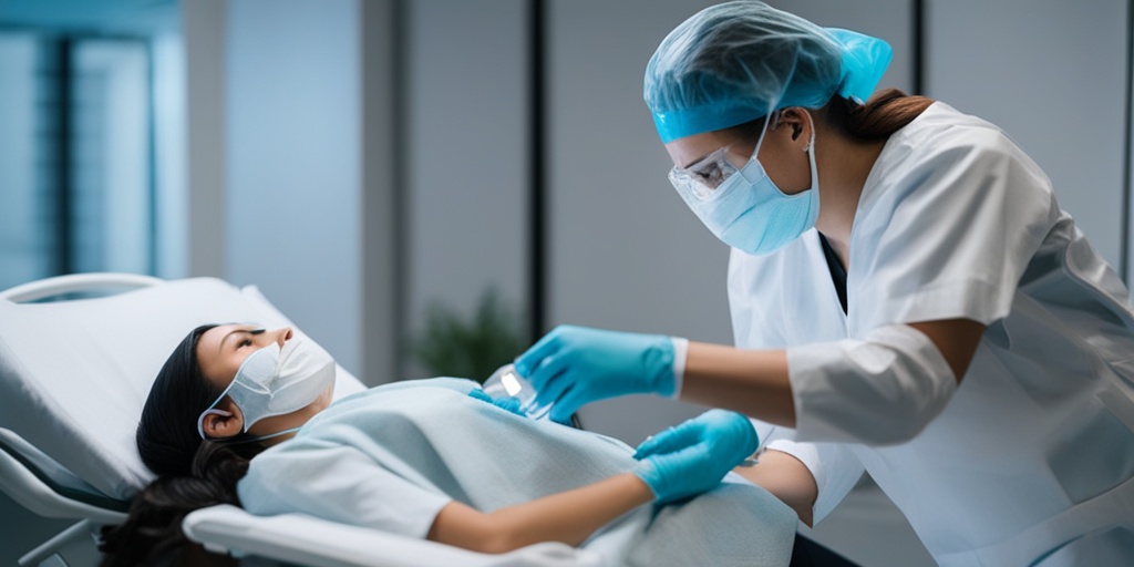 Healthcare professional in PPE conducting COVID-19 test on pregnant woman in hospital setting with blue background.