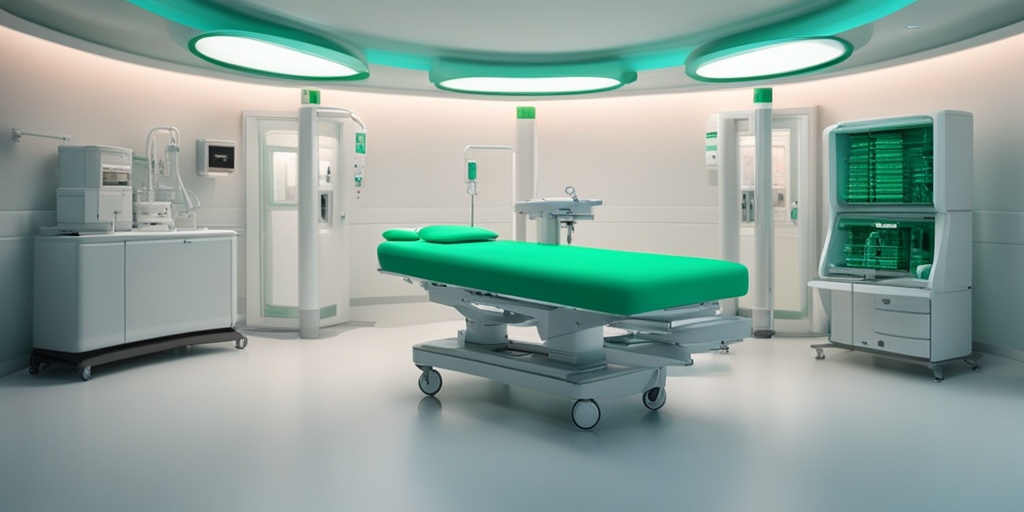 Healthcare professional in a hospital setting, with a reassuring expression, surrounded by medical equipment and supplies.