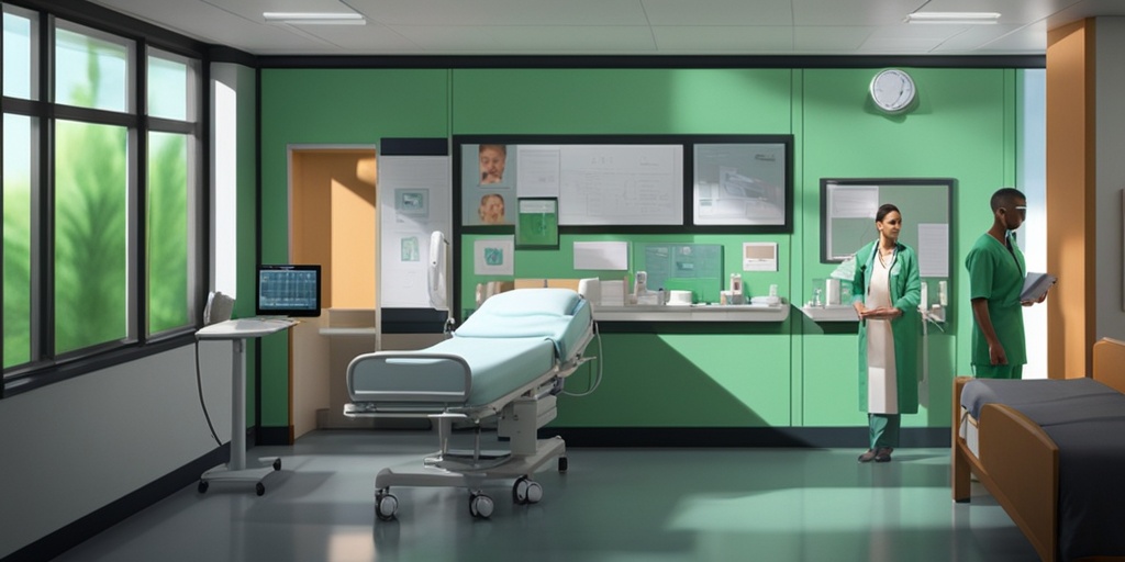 Healthcare professional standing in front of a hospital room window, holding a tablet with a patient's medical chart, surrounded by medical equipment.