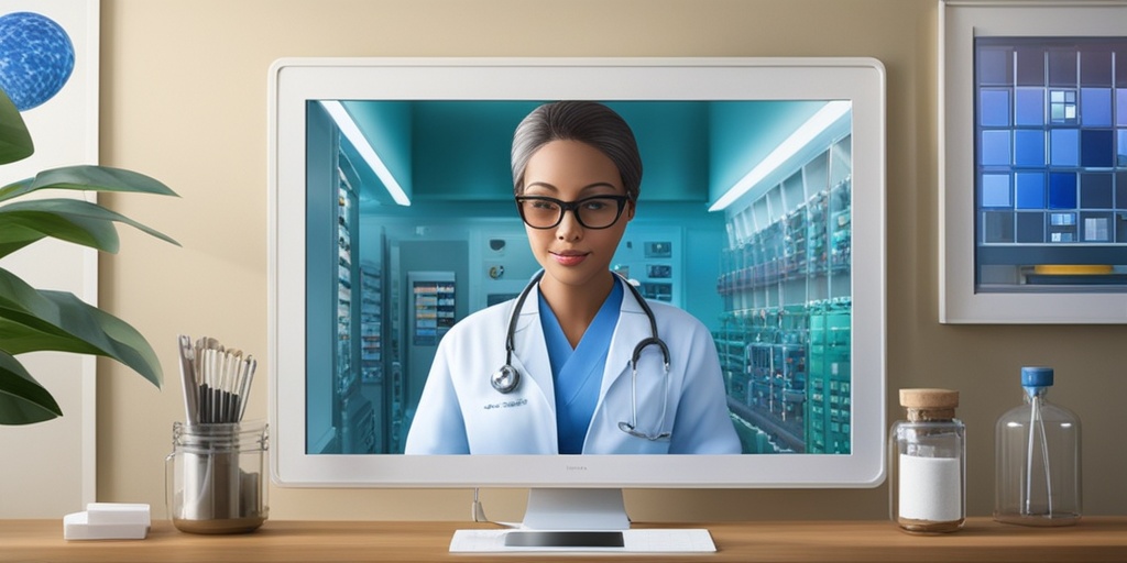 Healthcare professional treating a patient with medical equipment in a harmonious blue and white setting.