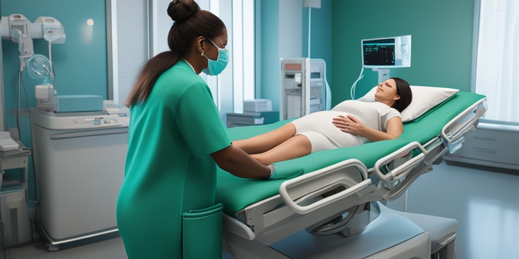 Healthcare provider caring for pregnant woman with COVID-19, holding her hand in hospital bed.