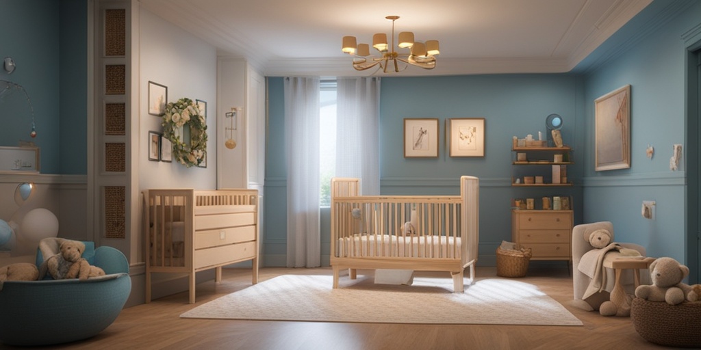 Healthcare team gathered around baby's crib with medical equipment and toys in calming blue room.