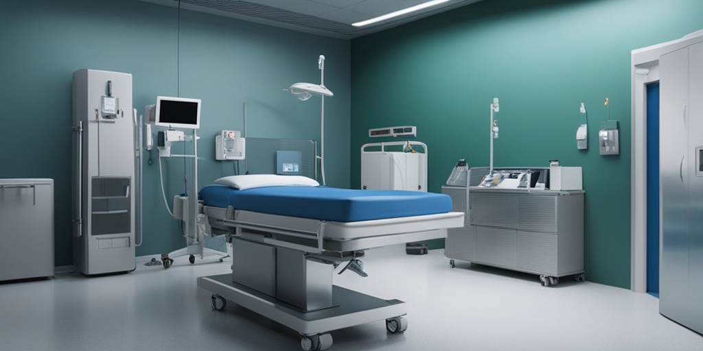 Hospital ICU scene showing patient with Mixed Hepatic Porphyria complications, surrounded by medical equipment and concerned healthcare providers.