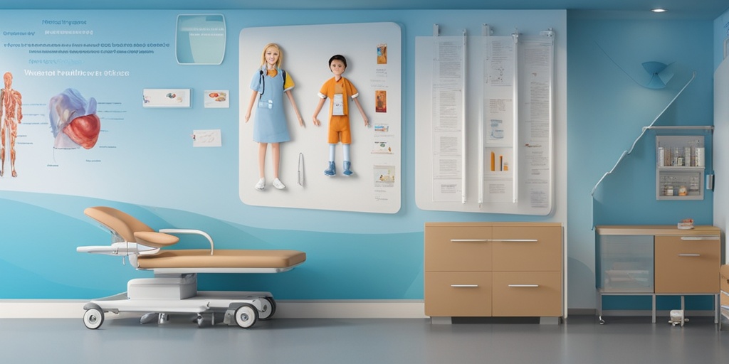 Hospital wall displays diagrams of different Muscular Dystrophy types with doctor in background