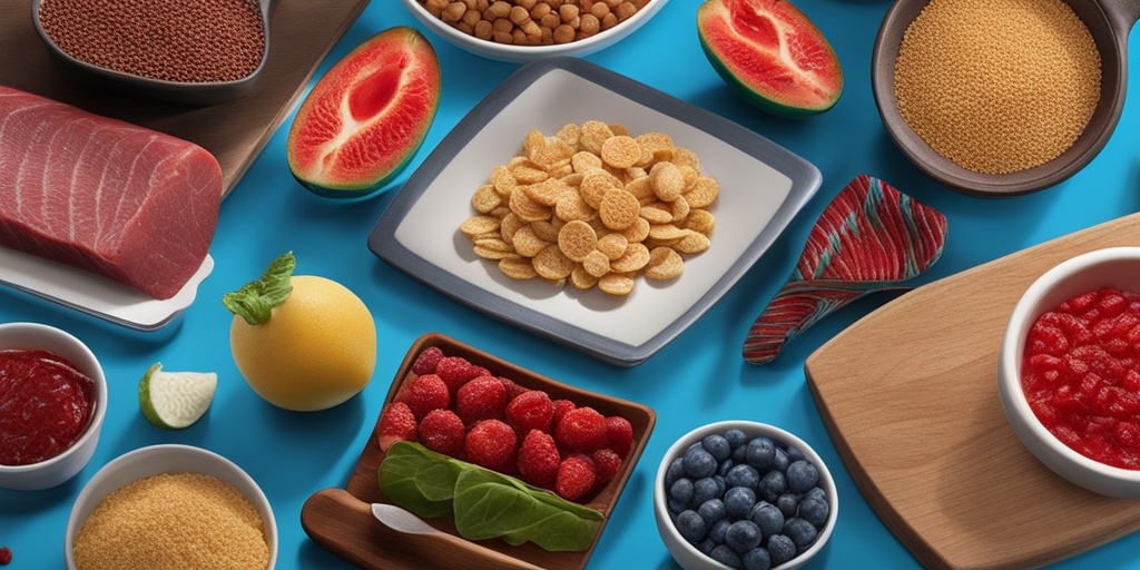 Iron-rich foods arranged on a table with a woman cooking in the background, promoting healthy nutrition.