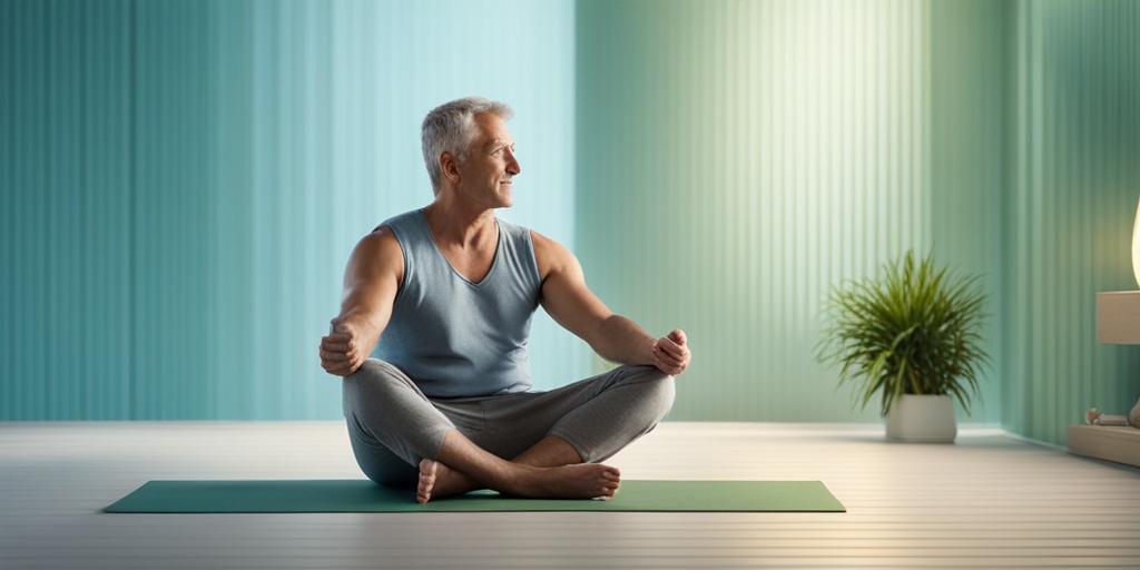 Male patient in his 40s practicing home remedies for Fibrous Cavernositis, such as stretching exercises and heat therapy.