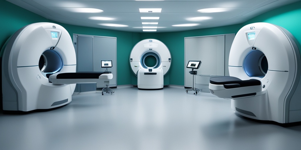 Medical imaging machine in modern hospital setting with blue background and creamy whites.