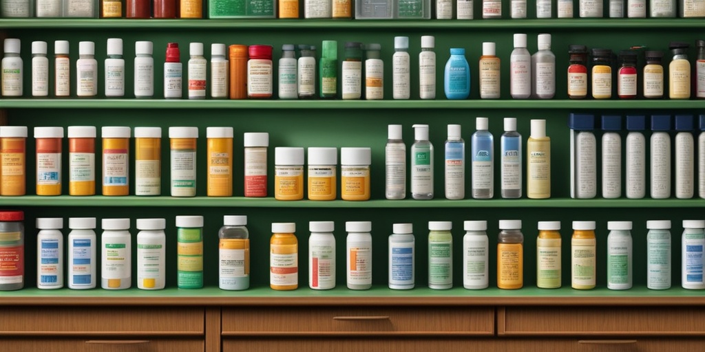 Medication cabinet filled with treatments for Childhood Muscular Dystrophy on green background