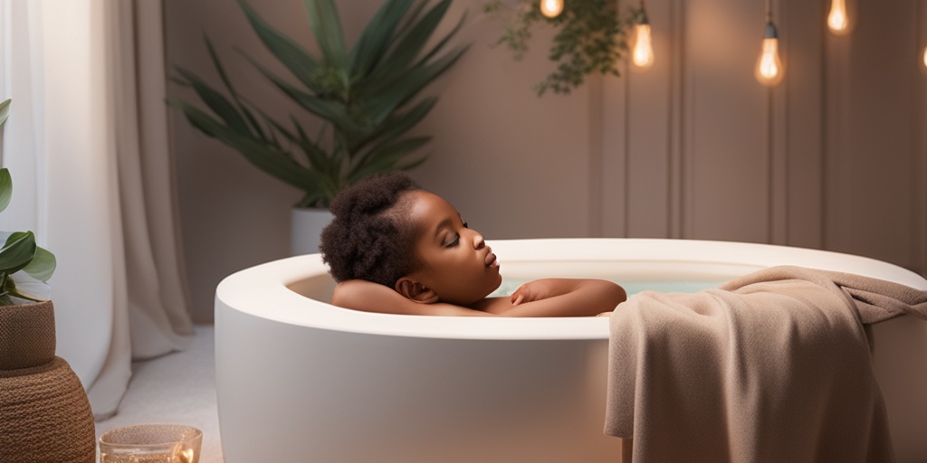 New mother relaxing in a sitz bath surrounded by postpartum care elements.