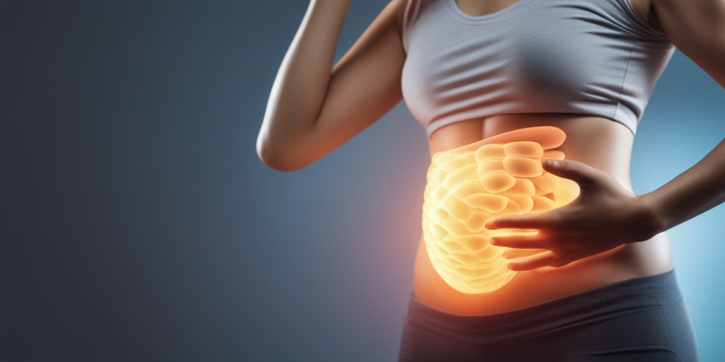 Person clutching stomach, with subtle green glow, depicting abdominal pain and discomfort of Crohn's Disease.