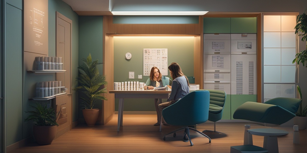 Person consulting with a healthcare professional, surrounded by medication and therapy options for night eating disorder.