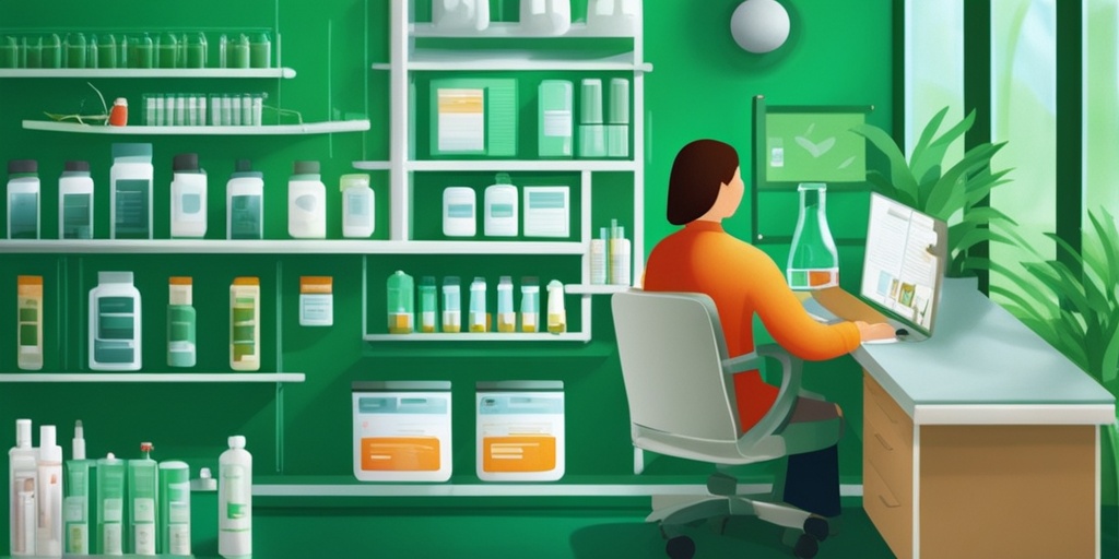 Person consulting with healthcare professional, with medication and medical equipment, against calming green background, showing hope and recovery.