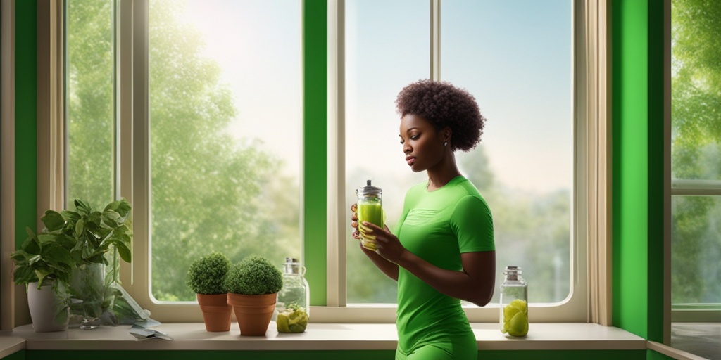 Person engaging in healthy habits like exercise, healthy eating, and hydration, surrounded by vibrant green tone.