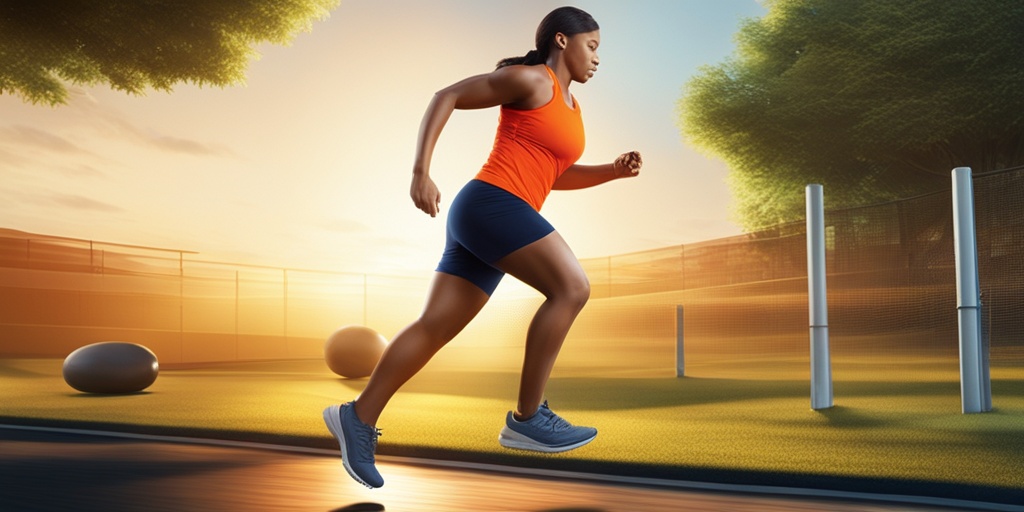 Person engaging in high-impact activity with subtle knee strain, surrounded by sports equipment.