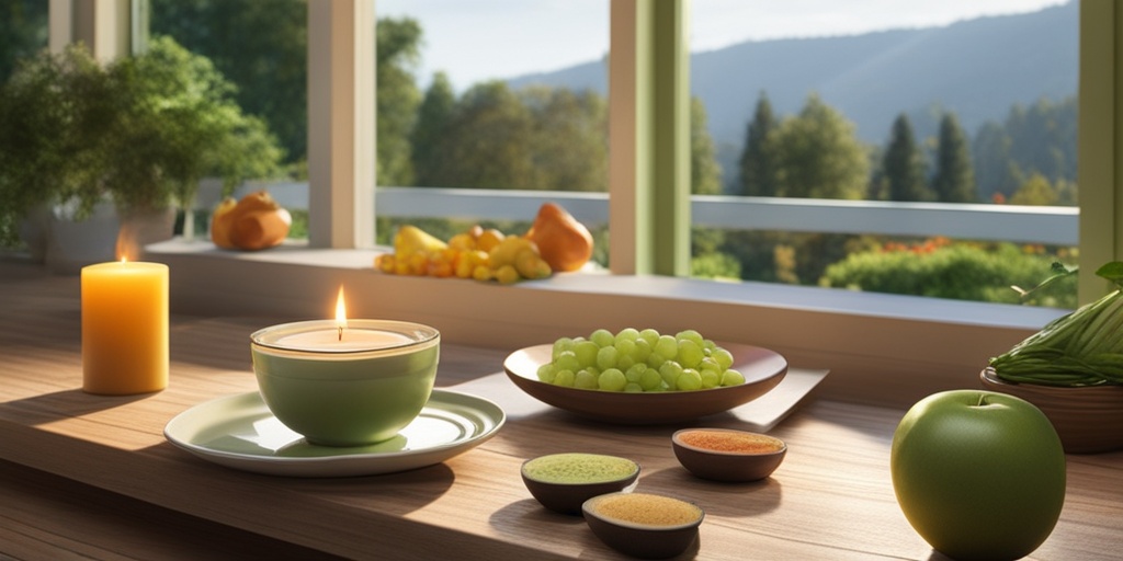 Person engaging in low-impact exercise surrounded by healthy food and calming elements on a soothing green background, promoting lifestyle changes for managing arthritis.