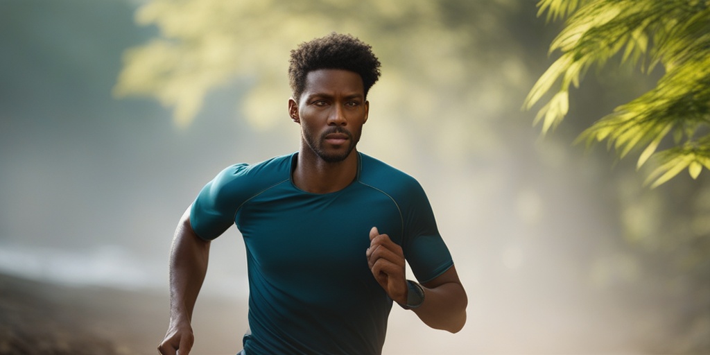 Person engaging in physical activity with green aura around lungs and blue background.