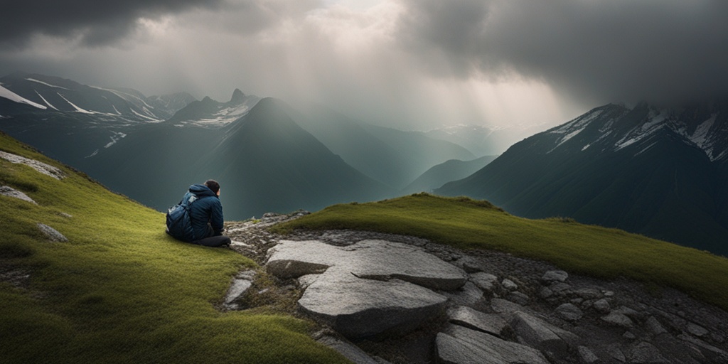 Person experiencing severe altitude headache symptoms, with first responder rushing to the scene, in a dramatic stormy mountain landscape.