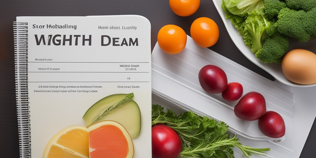 Person holding a meal planning journal with healthy meal ideas and portion sizes on a clean kitchen counter.