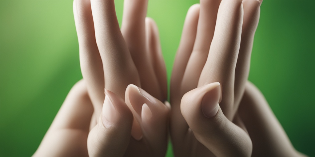 Person holding hands up showing affected and unaffected fingers on a green background symbolizing hope.